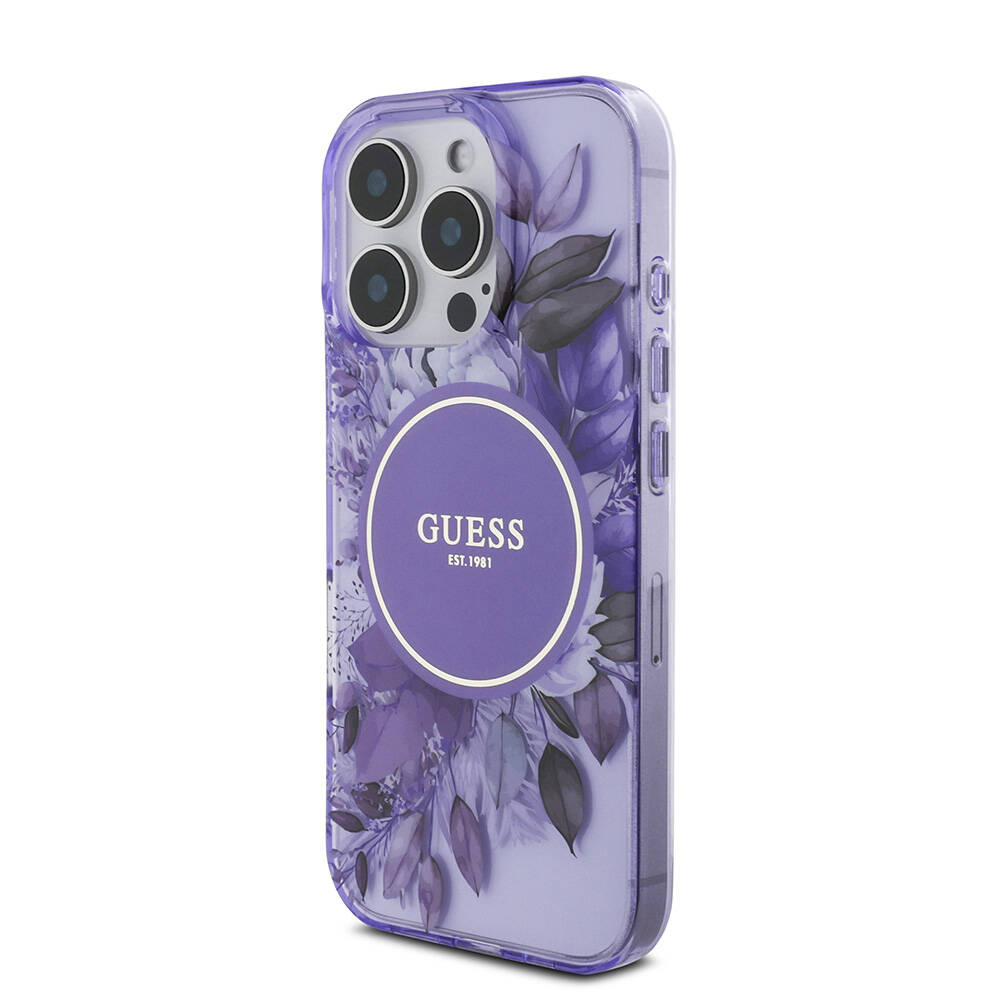 Apple iPhone 16 Pro Max Kılıf Guess Orjinal Lisanslı M-safe Şarj Özellikli IML Baskılı Çiçek İnci Bileklikli Kapak
