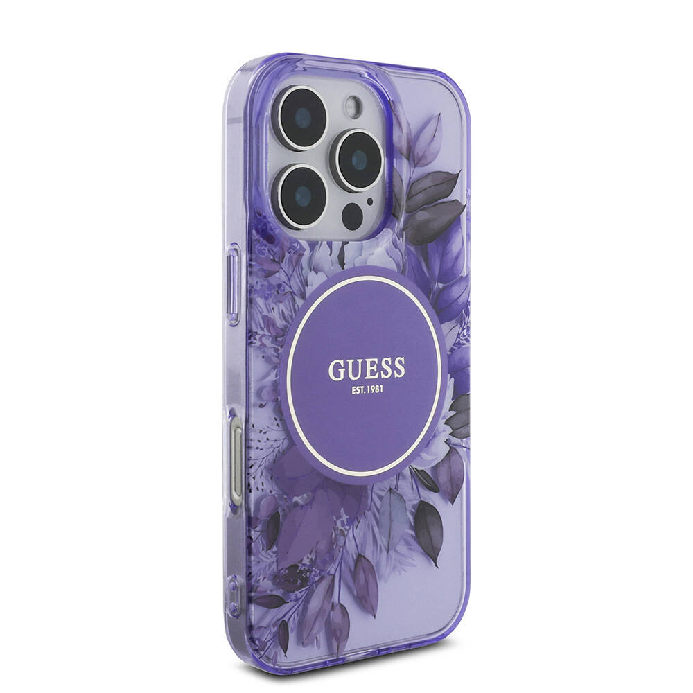Apple iPhone 16 Pro Max Kılıf Guess Orjinal Lisanslı M-safe Şarj Özellikli IML Baskılı Çiçek İnci Bileklikli Kapak