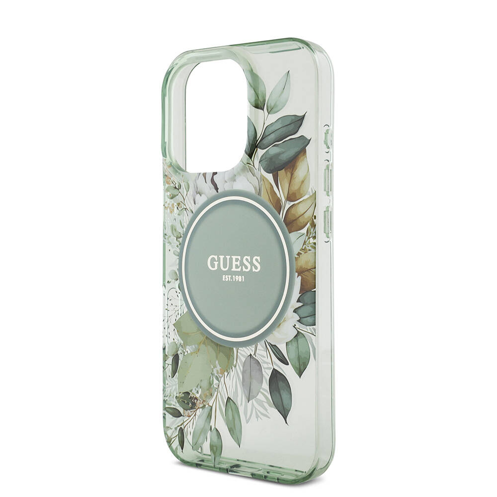 Apple iPhone 16 Pro Max Kılıf Guess Orjinal Lisanslı M-safe Şarj Özellikli IML Baskılı Çiçek İnci Bileklikli Kapak