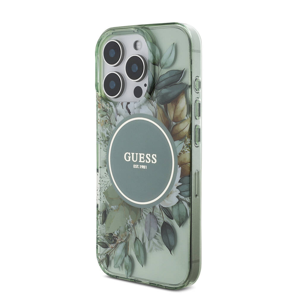 Apple iPhone 16 Pro Max Kılıf Guess Orjinal Lisanslı M-safe Şarj Özellikli IML Baskılı Çiçek İnci Bileklikli Kapak