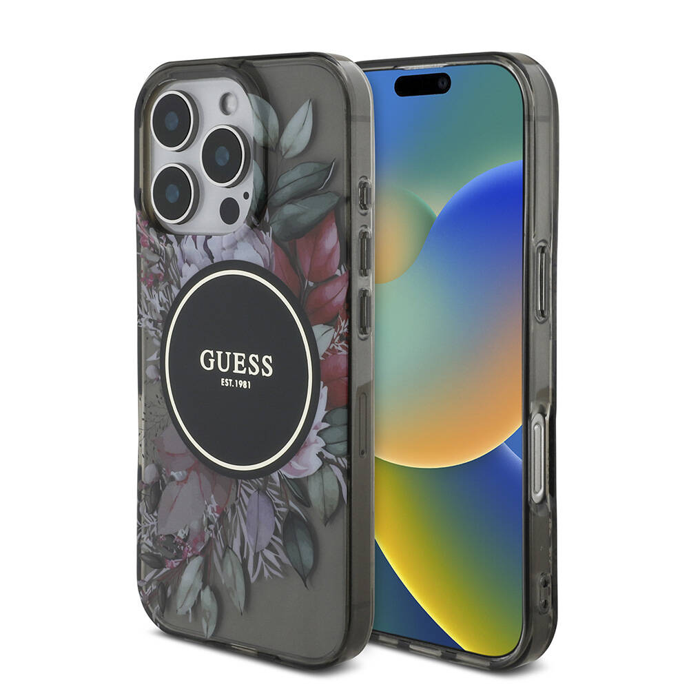 Apple iPhone 16 Pro Max Kılıf Guess Orjinal Lisanslı M-safe Şarj Özellikli IML Baskılı Çiçek İnci Bileklikli Kapak