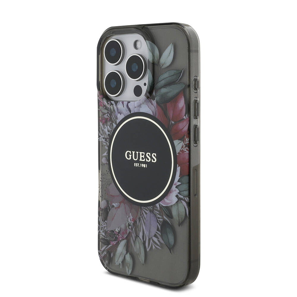 Apple iPhone 16 Pro Max Kılıf Guess Orjinal Lisanslı M-safe Şarj Özellikli IML Baskılı Çiçek İnci Bileklikli Kapak