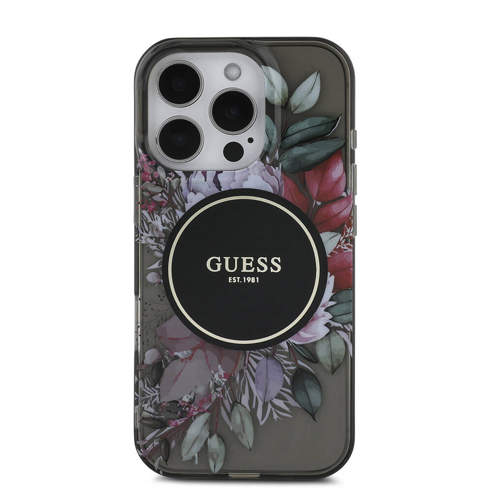 Apple iPhone 16 Pro Max Kılıf Guess Orjinal Lisanslı M-safe Şarj Özellikli IML Baskılı Çiçek İnci Bileklikli Kapak