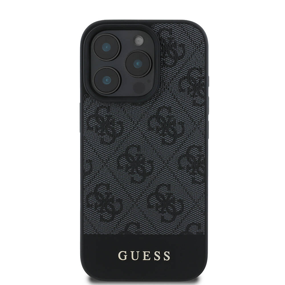 Apple iPhone 16 Pro Max Kılıf Guess Orjinal Lisanslı M-safe Şarj Özellikli PU Deri Şerit Logo Dizaynlı Kapak