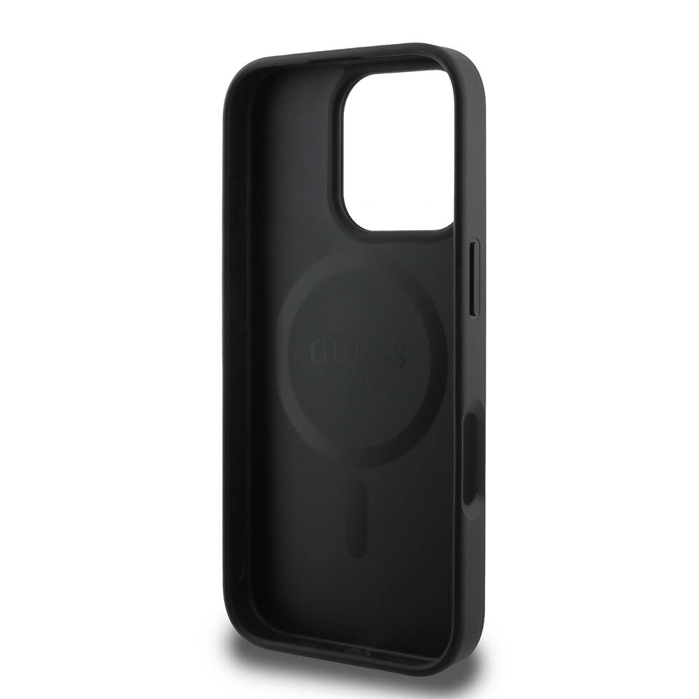 Apple iPhone 16 Pro Max Kılıf Guess Orjinal Lisanslı M-safe Şarj Özellikli PU Deri Şerit Logo Dizaynlı Kapak