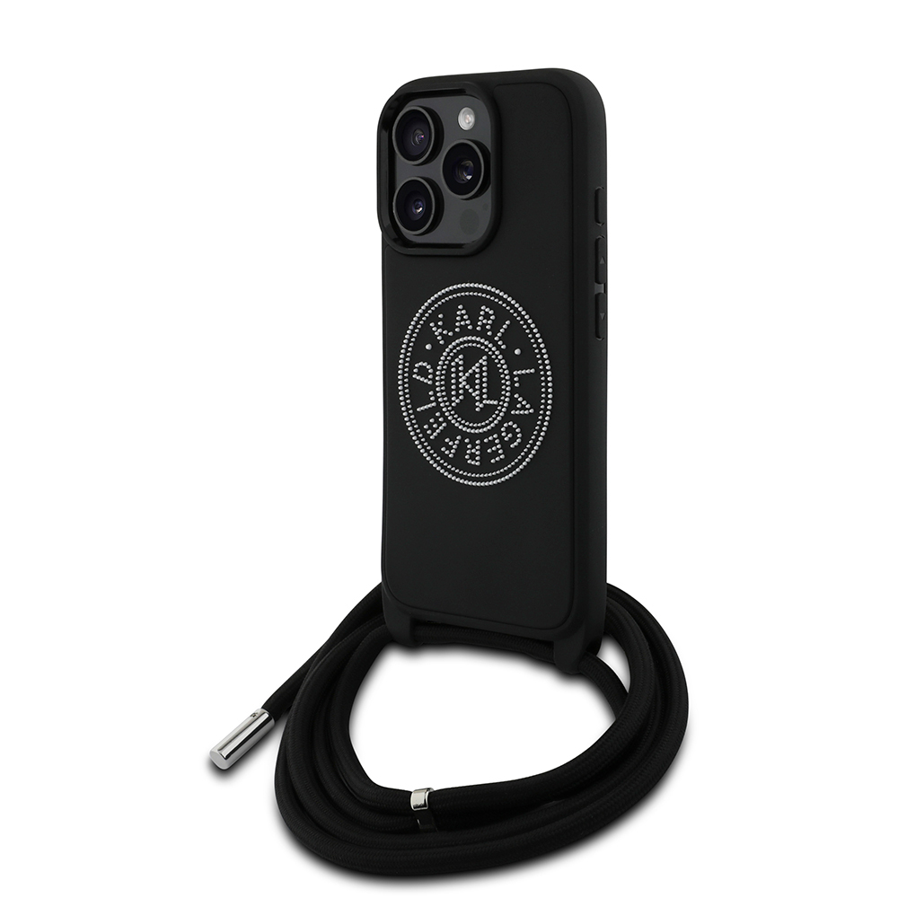 Apple iPhone 16 Pro Max Kılıf Karl Lagerfeld Orjinal Lisanslı Askı İpli Taşlı KL Yazılı Crossbody Cord Kapak