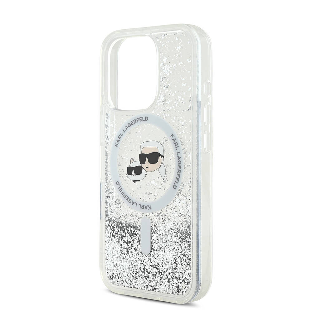 Apple iPhone 16 Pro Max Kılıf Karl Lagerfeld Orjinal Lisanslı M-safe Şarj Özellikli Sıvılı Simli KC Heads Kapak