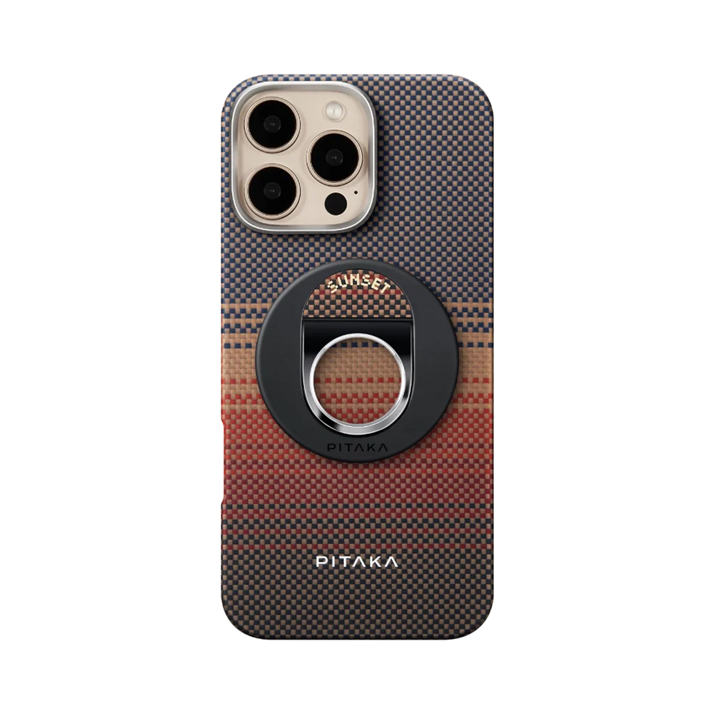 Apple iPhone 16 Pro Max Kılıf M-safe Şarj Özellikli Grip 3 Standlı Aramid Fiber Pitaka Tactile Woven Sunset-Moonrise Serisi Sunset Kapak