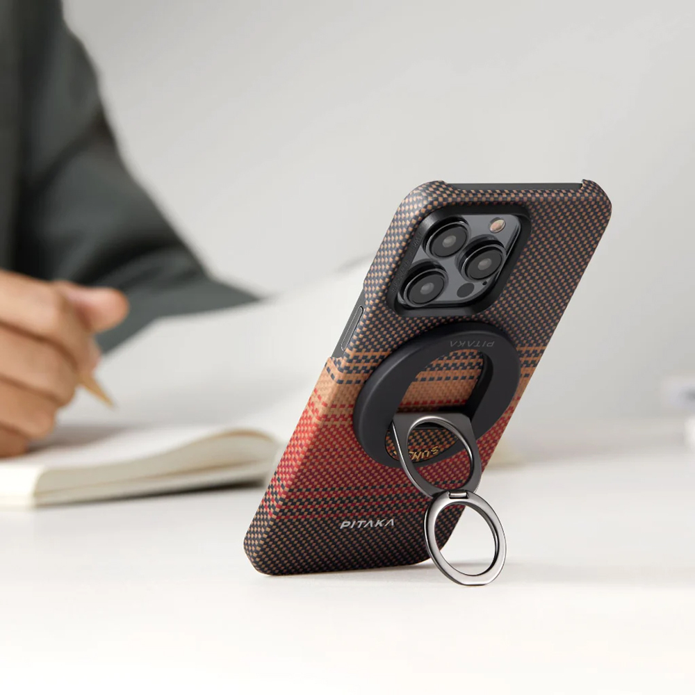 Apple iPhone 16 Pro Max Kılıf M-safe Şarj Özellikli Grip 3 Standlı Aramid Fiber Pitaka Tactile Woven Sunset-Moonrise Serisi Sunset Kapak - Görsel 12