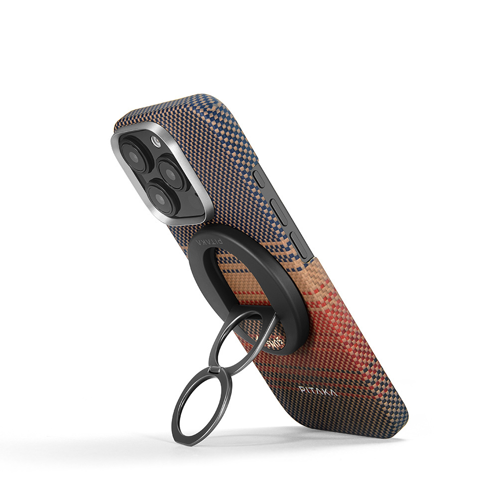 Apple iPhone 16 Pro Max Kılıf M-safe Şarj Özellikli Grip 3 Standlı Aramid Fiber Pitaka Tactile Woven Sunset-Moonrise Serisi Sunset Kapak - Görsel 4