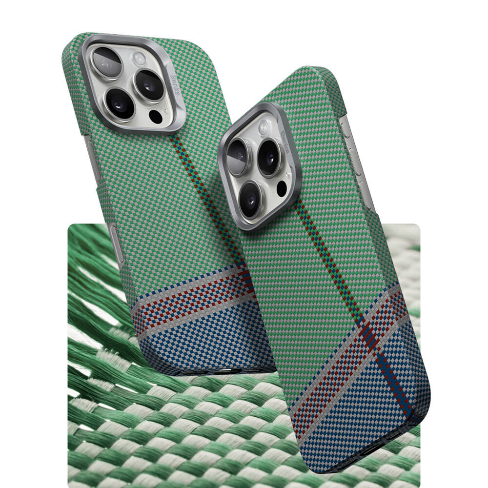 Apple iPhone 16 Pro Max Kılıf M-safe Şarj Özellikli Karbon Fiber Tasarımlı Benks Passion Green ArmorAir Kevlar Kapak - Görsel 3