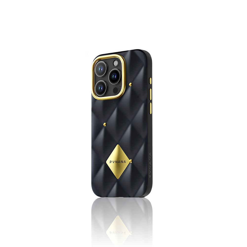 Apple iPhone 16 Pro Max Kılıf Parlak Arka Yüzeyli Kabartma Tasarımlı Kapitone Pynana Metal Diamond Serisi Kapak