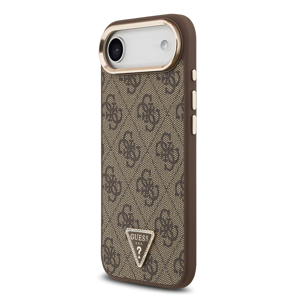 Apple iPhone 17 Air Kılıf Guess Orjinal Lisanslı M-safe Şarj Özellikli Gold Metal Kamera Çerçeveli Taşlı Üçgen Logo 4G Desenli Kapak - Görsel 9