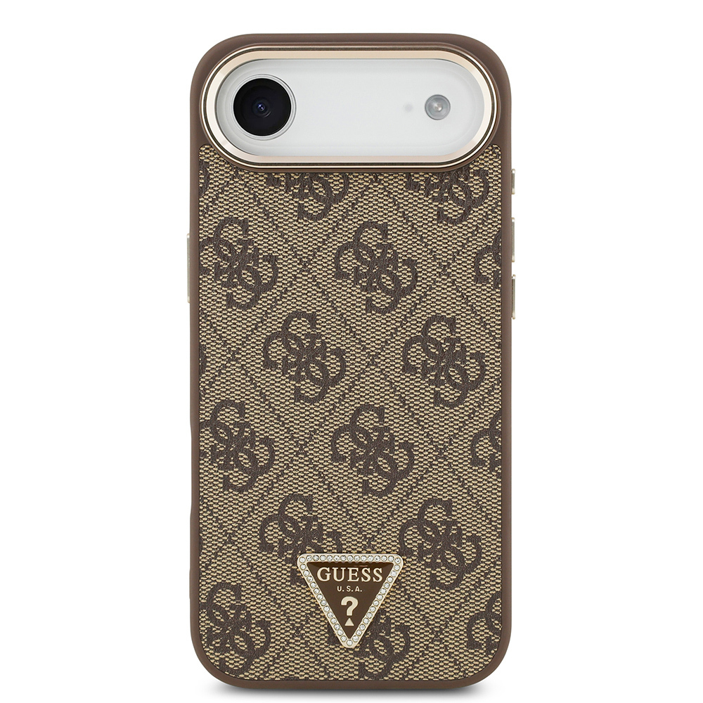 Apple iPhone 17 Air Kılıf Guess Orjinal Lisanslı M-safe Şarj Özellikli Gold Metal Kamera Çerçeveli Taşlı Üçgen Logo 4G Desenli Kapak - Görsel 10