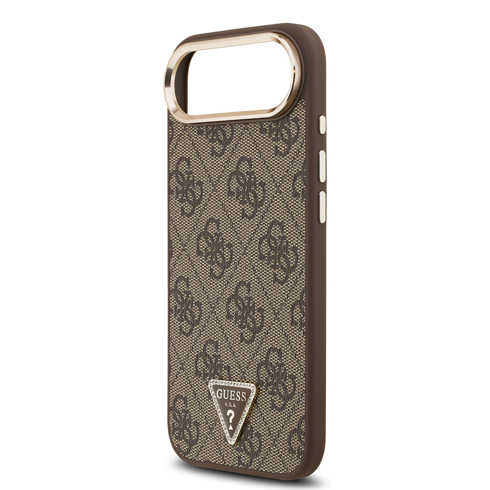 Apple iPhone 17 Air Kılıf Guess Orjinal Lisanslı M-safe Şarj Özellikli Gold Metal Kamera Çerçeveli Taşlı Üçgen Logo 4G Desenli Kapak - Görsel 13