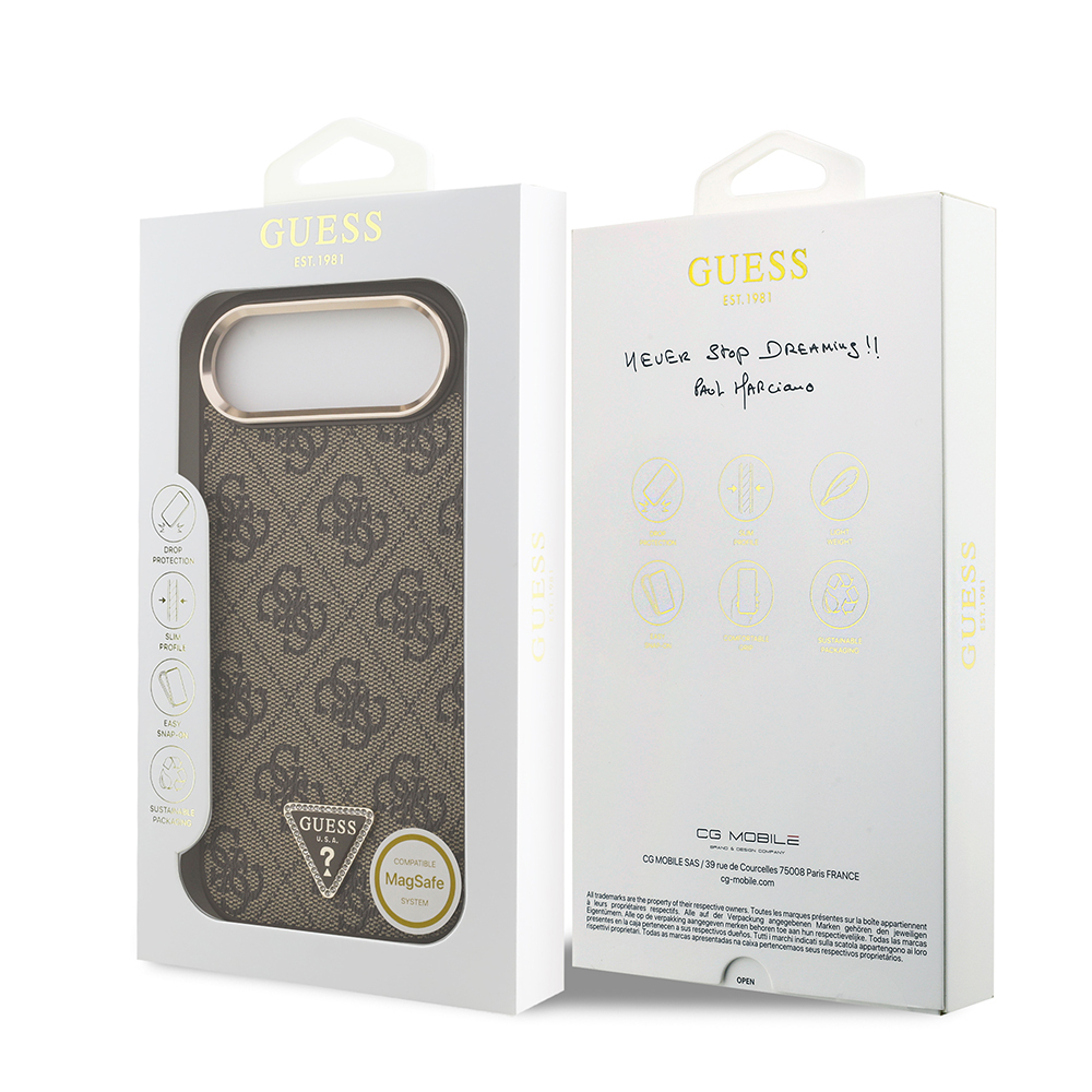 Apple iPhone 17 Air Kılıf Guess Orjinal Lisanslı M-safe Şarj Özellikli Gold Metal Kamera Çerçeveli Taşlı Üçgen Logo 4G Desenli Kapak - Görsel 15