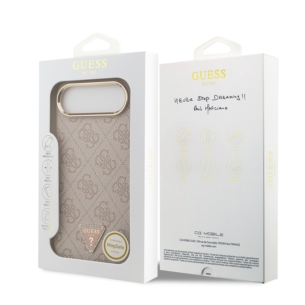 Apple iPhone 17 Air Kılıf Guess Orjinal Lisanslı M-safe Şarj Özellikli Gold Metal Kamera Çerçeveli Taşlı Üçgen Logo 4G Desenli Kapak - Görsel 22