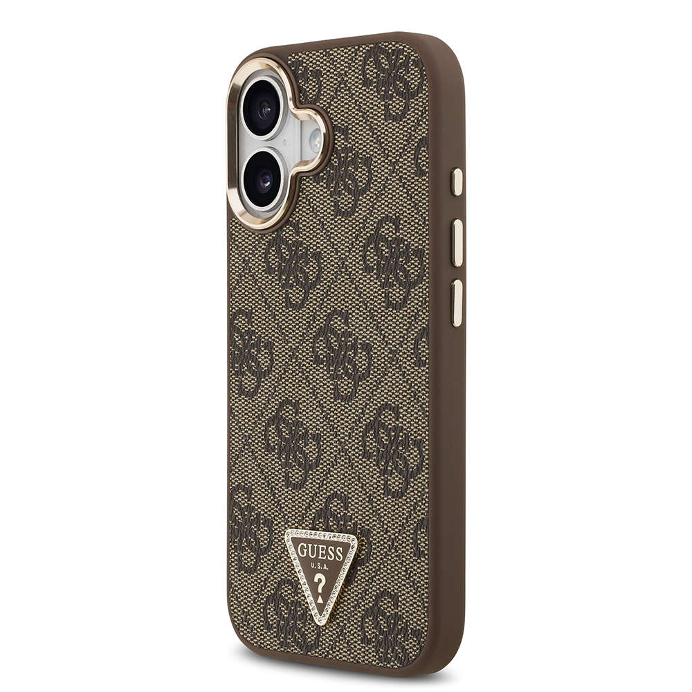 Apple iPhone 17 Kılıf Guess Orjinal Lisanslı M-safe Şarj Özellikli Gold Metal Kamera Çerçeveli Taşlı Üçgen Logo 4G Desenli Kapak - Görsel 9
