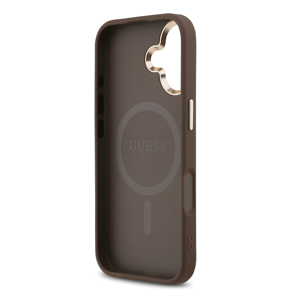 Apple iPhone 17 Kılıf Guess Orjinal Lisanslı M-safe Şarj Özellikli Gold Metal Kamera Çerçeveli Taşlı Üçgen Logo 4G Desenli Kapak - Görsel 14