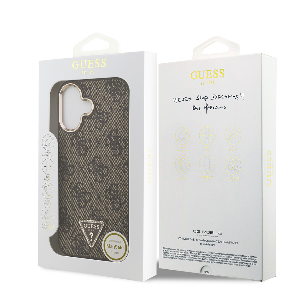 Apple iPhone 17 Kılıf Guess Orjinal Lisanslı M-safe Şarj Özellikli Gold Metal Kamera Çerçeveli Taşlı Üçgen Logo 4G Desenli Kapak - Görsel 15