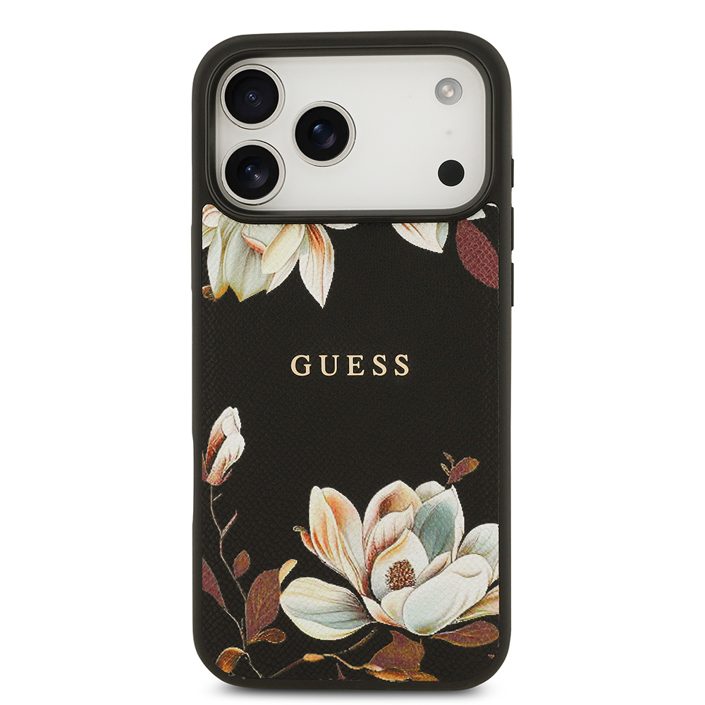 Apple iPhone 17 Pro Max Kılıf Guess Orjinal Lisanslı M-safe Şarj Özellikli Taneli Çiçek Tasarımlı Metal Yazı Logolu Kapak - Görsel 3