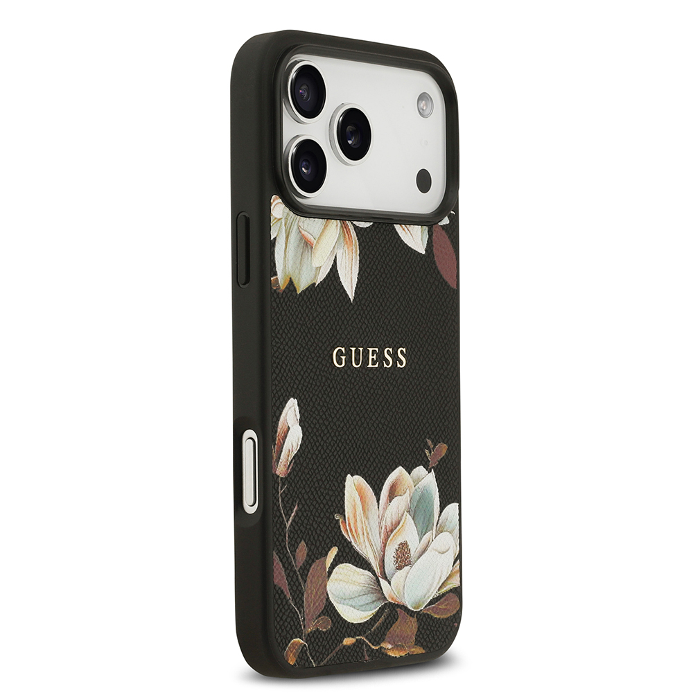 Apple iPhone 17 Pro Max Kılıf Guess Orjinal Lisanslı M-safe Şarj Özellikli Taneli Çiçek Tasarımlı Metal Yazı Logolu Kapak - Görsel 4