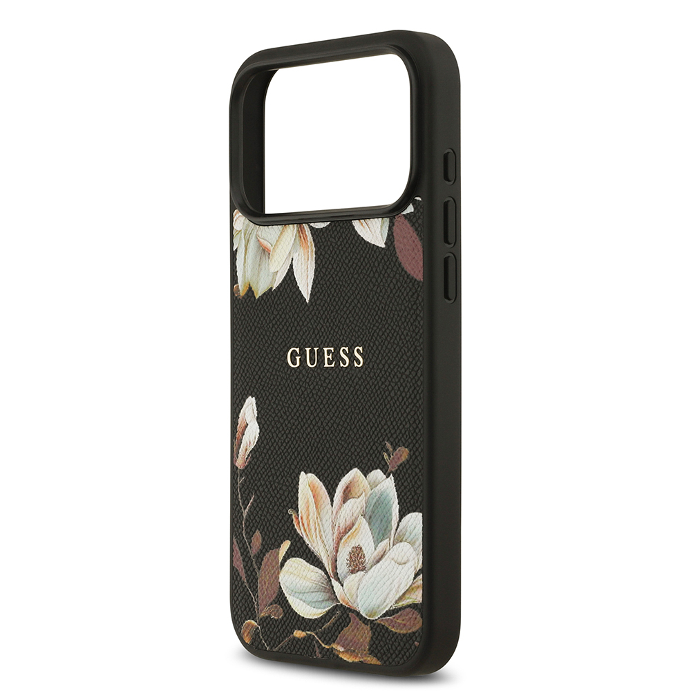 Apple iPhone 17 Pro Max Kılıf Guess Orjinal Lisanslı M-safe Şarj Özellikli Taneli Çiçek Tasarımlı Metal Yazı Logolu Kapak - Görsel 6