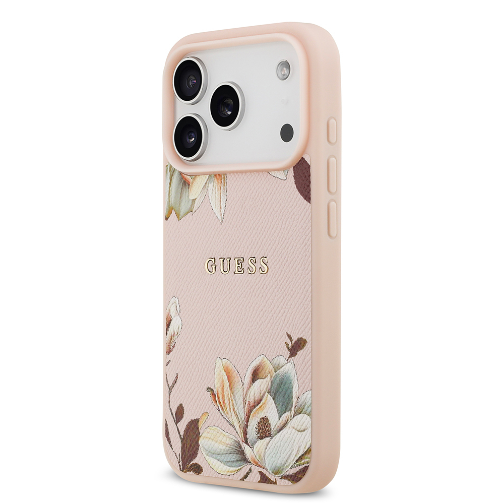 Apple iPhone 17 Pro Max Kılıf Guess Orjinal Lisanslı M-safe Şarj Özellikli Taneli Çiçek Tasarımlı Metal Yazı Logolu Kapak - Görsel 8