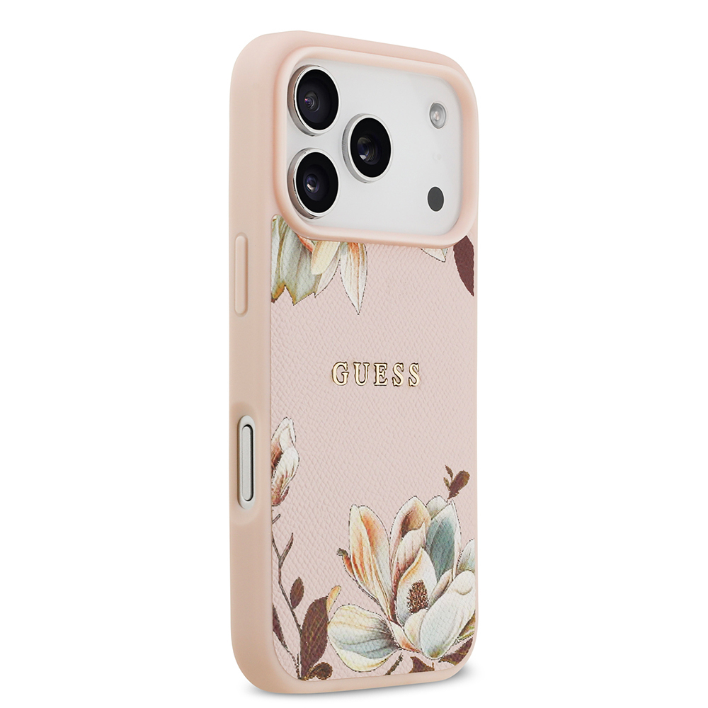 Apple iPhone 17 Pro Max Kılıf Guess Orjinal Lisanslı M-safe Şarj Özellikli Taneli Çiçek Tasarımlı Metal Yazı Logolu Kapak - Görsel 10