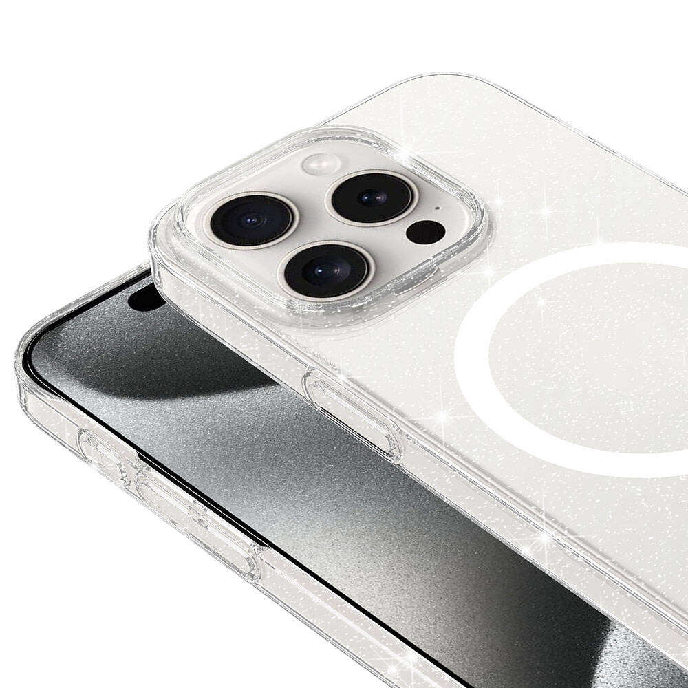 iPhone 15 Pro Max Kılıf Zore M-safe Şarj Özellikli Simli Şeffaf Arka Yüzey Erdos Silikon Kapak