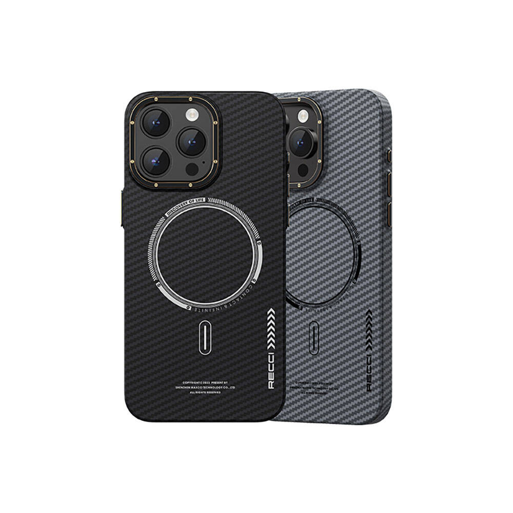 Apple iPhone 15 Plus Kılıf Recci Machinist Serisi M-safe Şarj Özellikli Magnetik Karbon Kapak