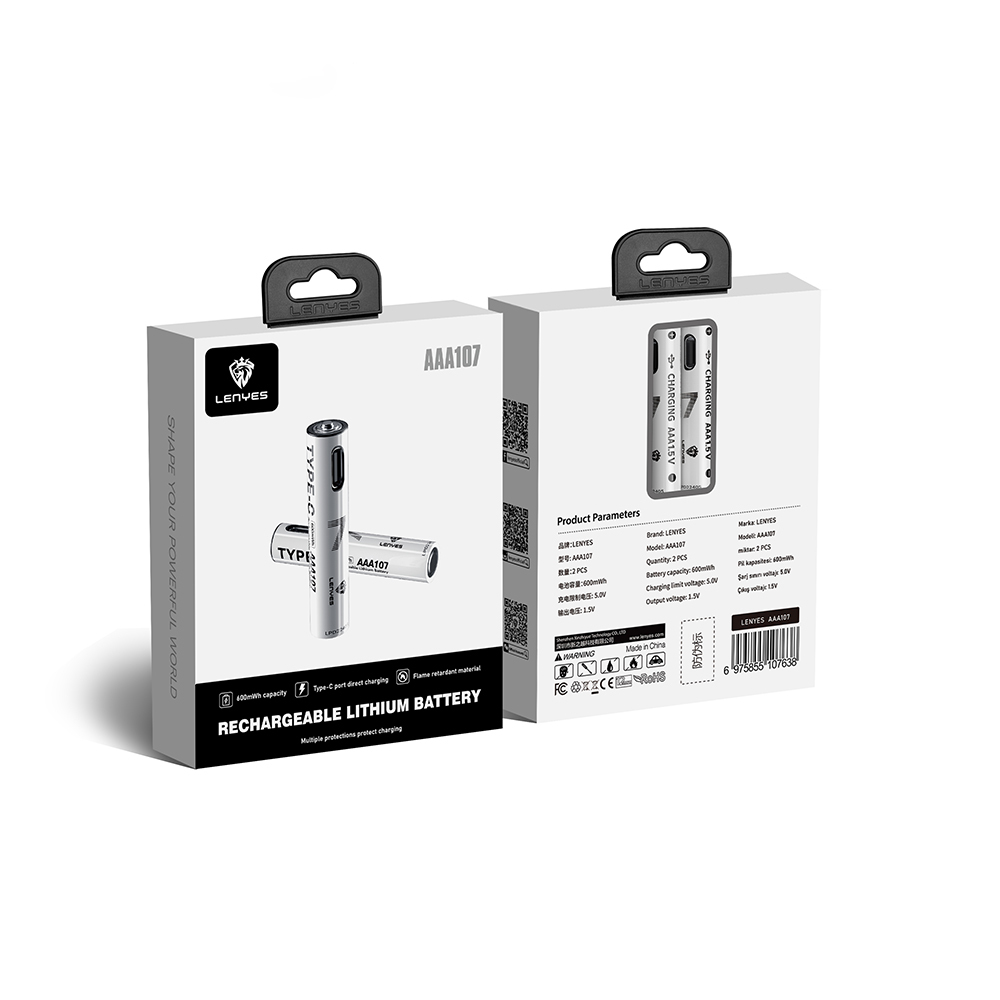 Lenyes AAA107 Type-C Şarj Portlu Şarj Edilebilir AAA Lityum-ion Pil 600mWh 1.5V 2 Adet