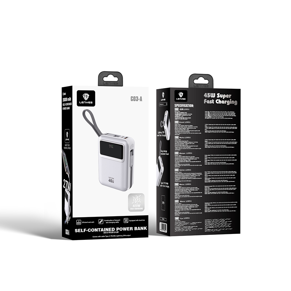 Lenyes C03-A Dijital LED Göstergeli Type-C ve Lightning Kablolu Powerbank 45W 10.000mAh - Görsel 7