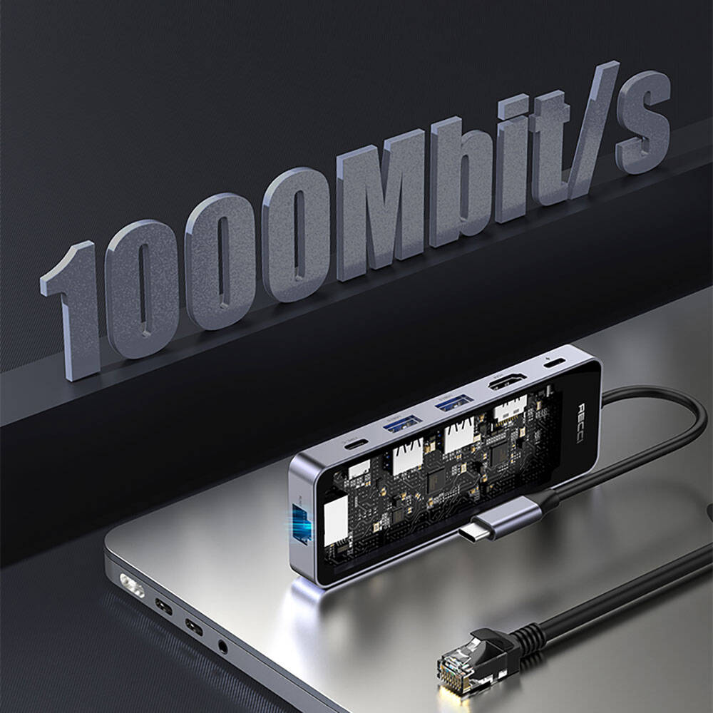 Recci RH17 Type-C to Type-C PD100W + USB3.0 + HDMI + Type-C + RJ45 Bağlantılı 6in1 Hub - Görsel 5