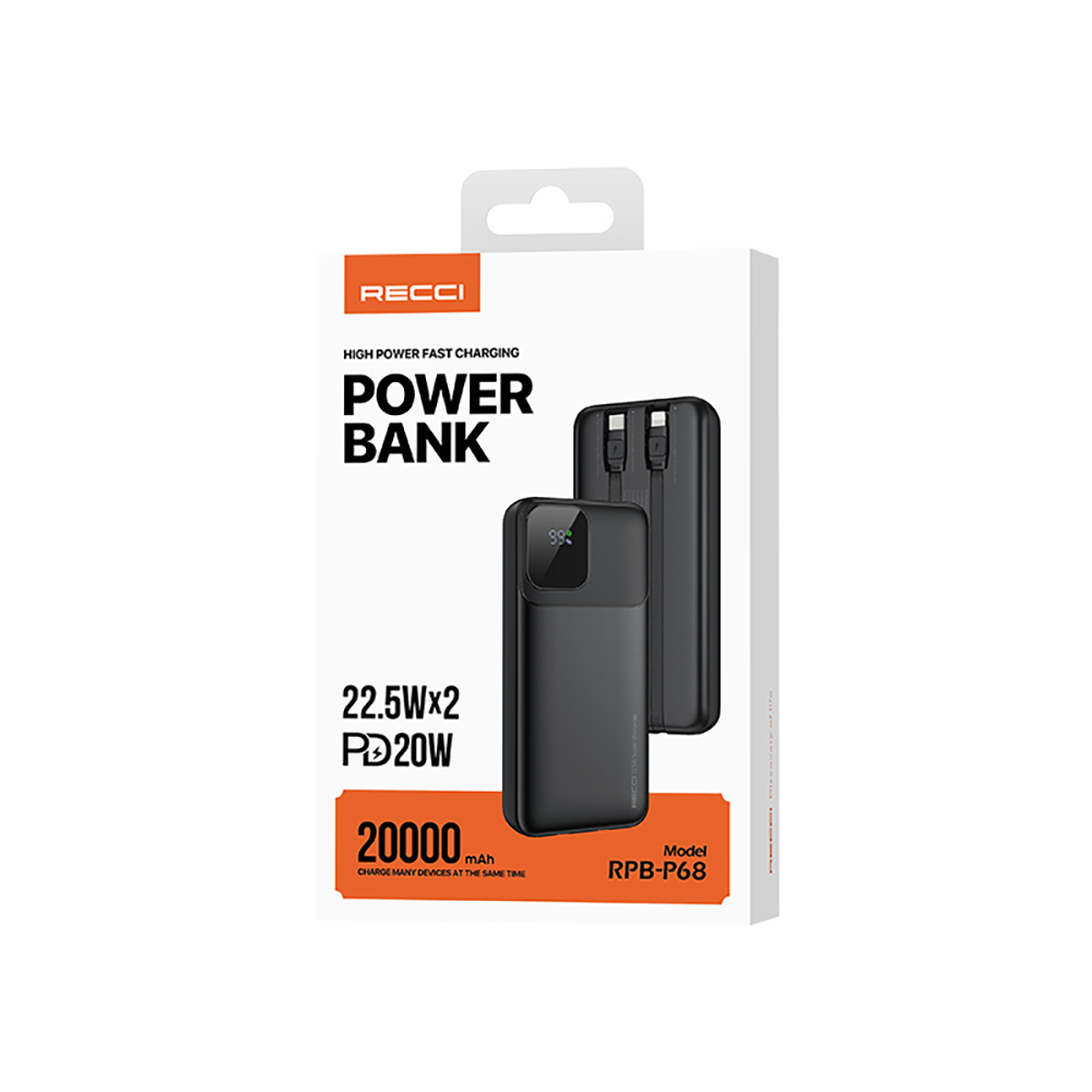 Recci RPB-P68 PD 20W Dijital LED Göstergeli Hızlı Şarj Özellikli Type-C ve Lightning Kablolu Powerbank 22.5W 20000mAh - Görsel 8