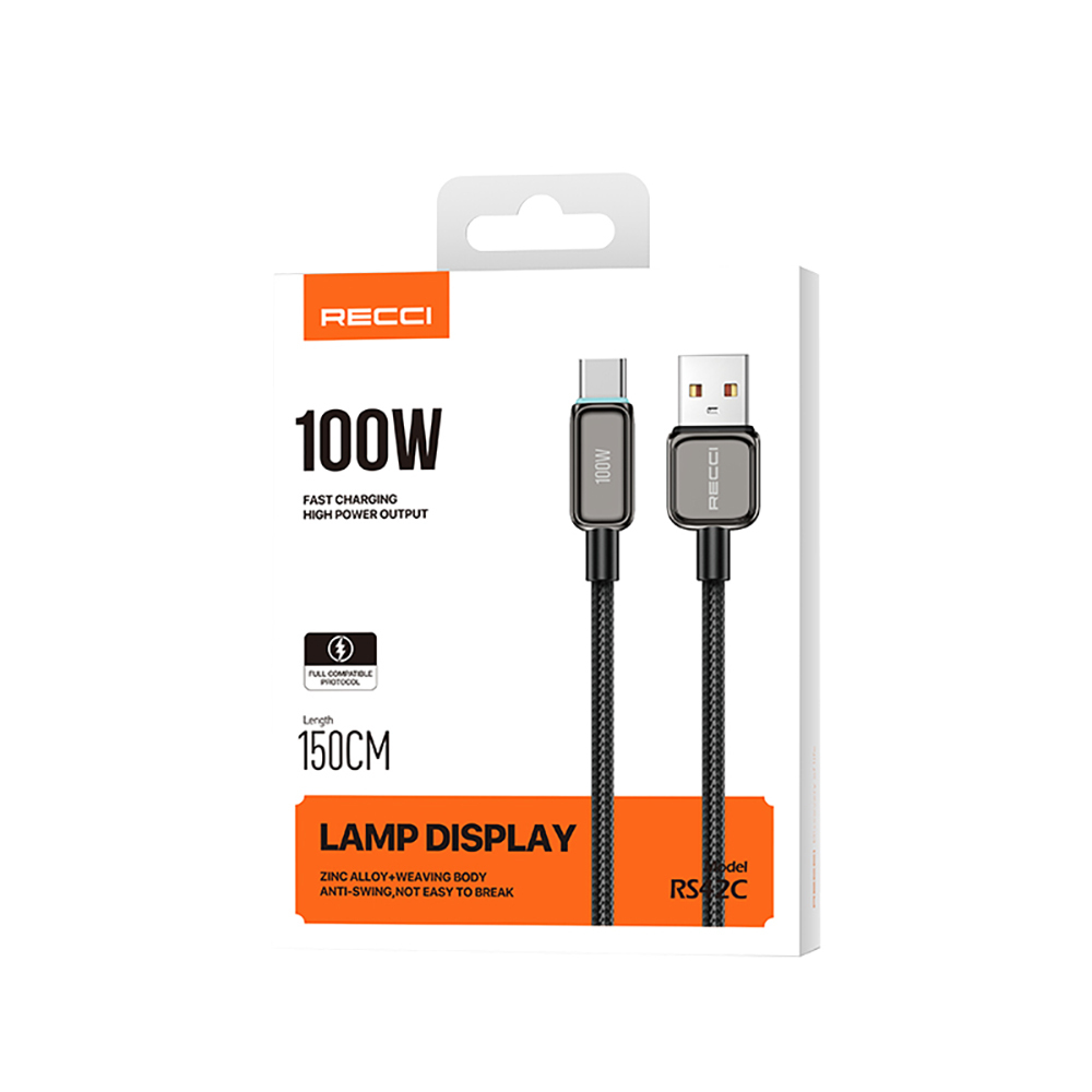 Recci RS42C Lamp Display Serisi USB-A to Type-C 100W Hızlı Şarj Özellikli Data ve Şarj Kablosu 1.5M - Görsel 6
