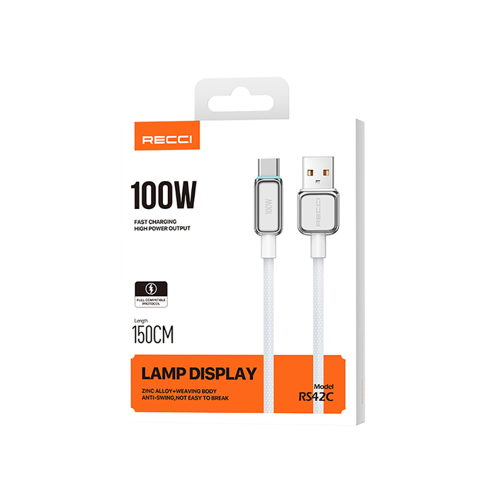 Recci RS42C Lamp Display Serisi USB-A to Type-C 100W Hızlı Şarj Özellikli Data ve Şarj Kablosu 1.5M - Görsel 7
