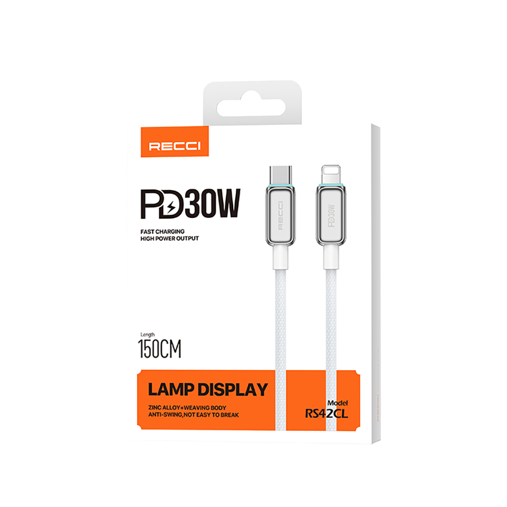 Recci RS42CL Lamp Display Serisi Type-C to Lightning PD 30W Hızlı Şarj Özellikli Data ve Şarj Kablosu 1.5M - Görsel 9