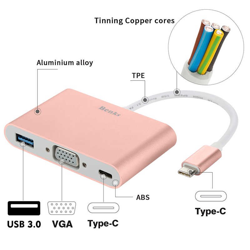 Benks U20 Type-C to 3 in 1 Adaptör (Usb 3.0+VGA+Type-C) - Görsel 4