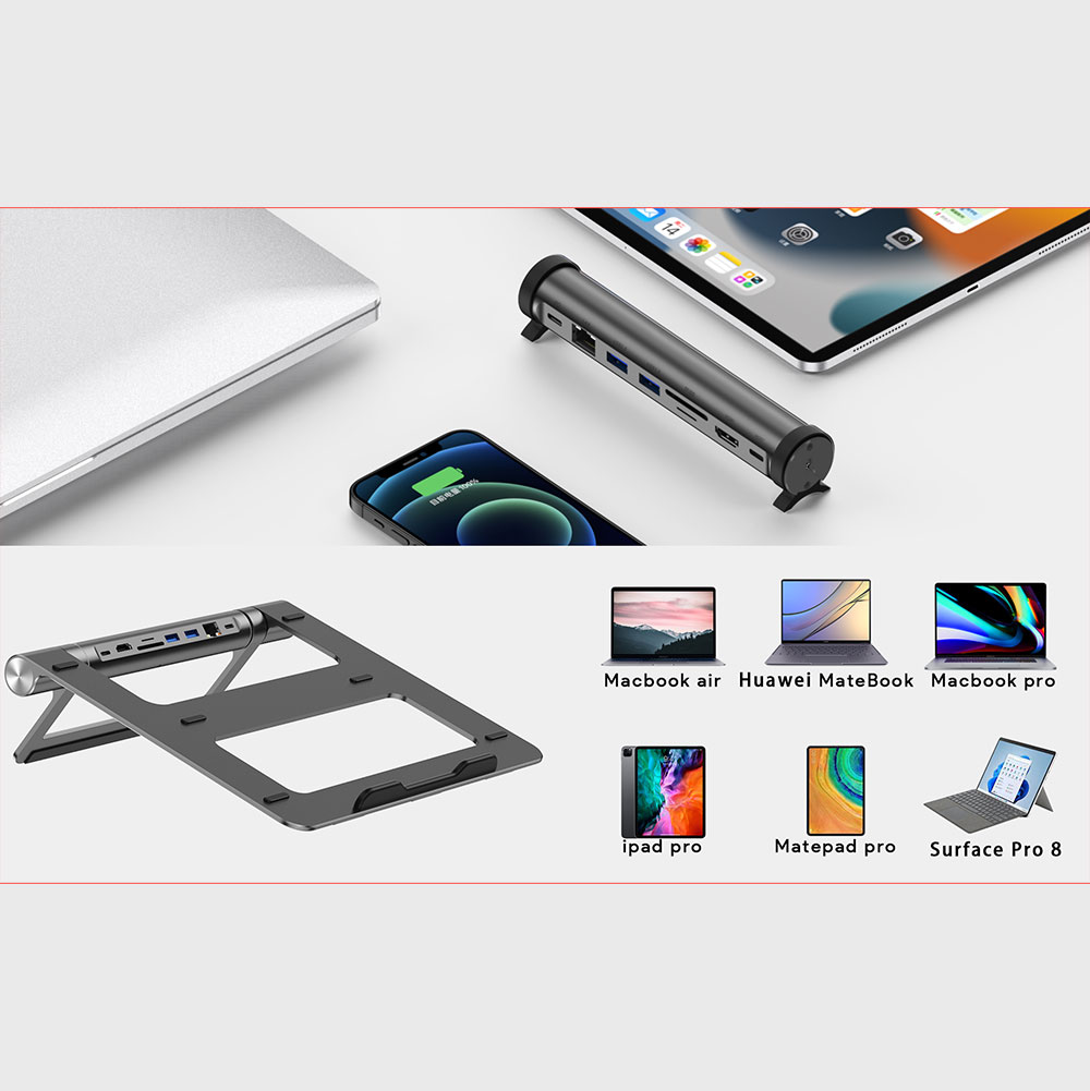 Wiwu A821CH 8in1 Hub Bağlantı İstasyonlu Notebook Laptop Standı PD3.0/USB3.0/RJ45 (1000Mbps)/SD/TF/HDMI (4K@30Hz) - Görsel 7